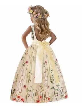 2Bunnies Girls Garden Wildflower Floral Embroidered Tulle Satin Dress Ivory 6